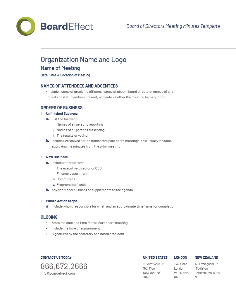 Board Of Directors Meeting Minutes Template